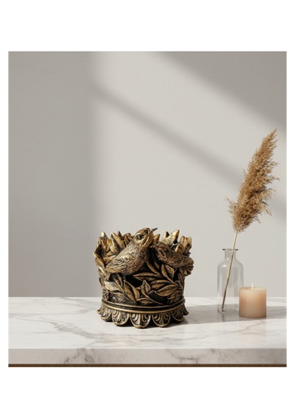 Dekoratif Polyester Kuşlu Şamdan Mumluk Gold Eskitme 11X11X10 cm