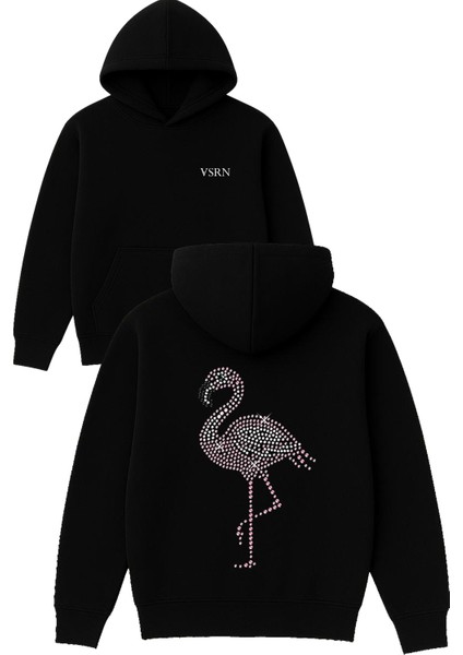 Tek Flamingo Parlak Tasarım Baskılı Oversize Siyah Kapüşonlu Sweatshirt