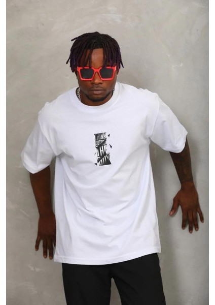 Unisex Oversize Baskılı Bisiklet Yaka T-Shirt - Beyaz modelleri