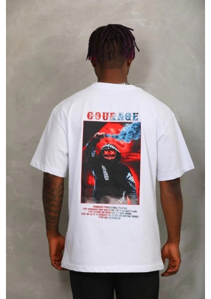 Unisex Oversize Baskılı Bisiklet Yaka T-Shirt - Beyaz indirimleri