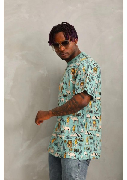 Unisex Oversize Baskılı Bisiklet Yaka T-Shirt - Mint Yeşili modelleri