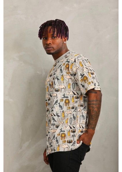 Unisex Oversize Baskılı Bisiklet Yaka T-Shirt - Gri fırsatları