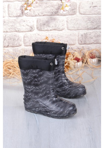 7061 Yarasa Figürlü Içi Peluşlu Su Geçirmez Erkek Çocuk Kar Yağmur Çizmesi
