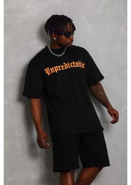 Unisex Oversize Baskılı Bisiklet Yaka T-Shirt - Siyah fiyatları