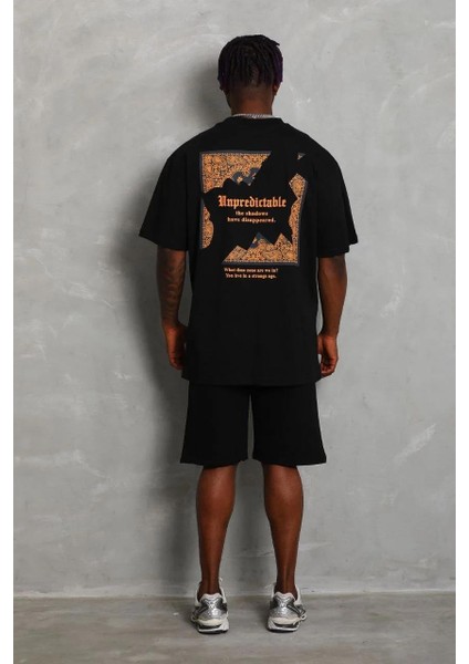 Unisex Oversize Baskılı Bisiklet Yaka T-Shirt - Siyah modelleri