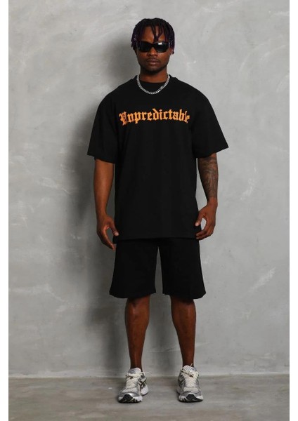 Unisex Oversize Baskılı Bisiklet Yaka T-Shirt - Siyah fırsatları