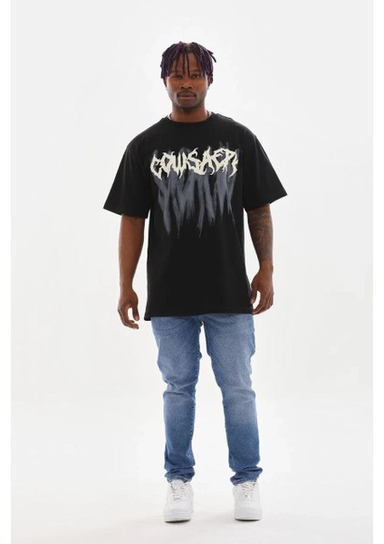 Unisex Baskılı Oversize T-Shirt - Siyah indirimleri