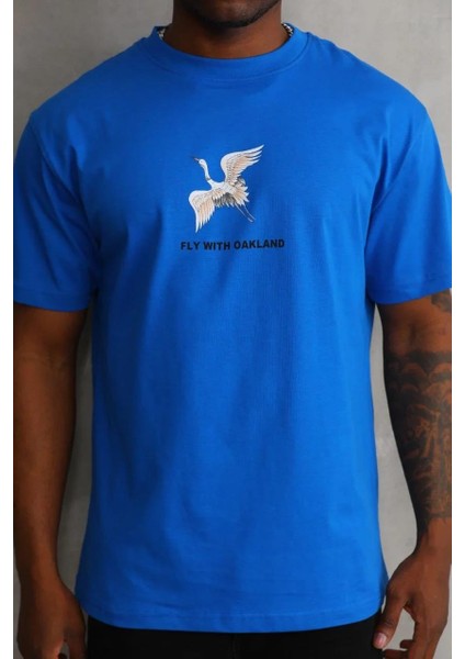 Unisex Baskılı Oversize T-Shirt - Mavi