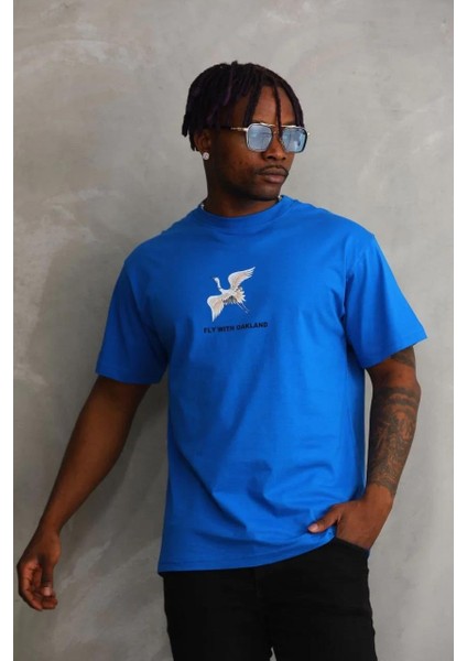 Unisex Baskılı Oversize T-Shirt - Mavi modelleri