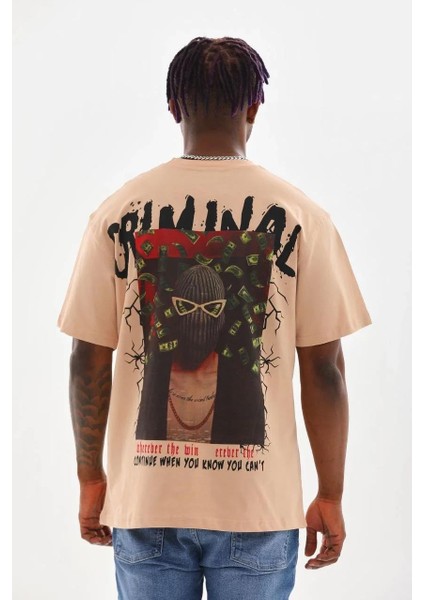 Unisex Baskılı Oversize T-Shirt - Bej fiyatları