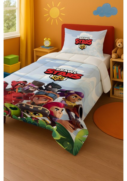 Brawl Stars Temalı Açık Mavi Tek Kişilik Yorgan ve Yastık Kılıfı