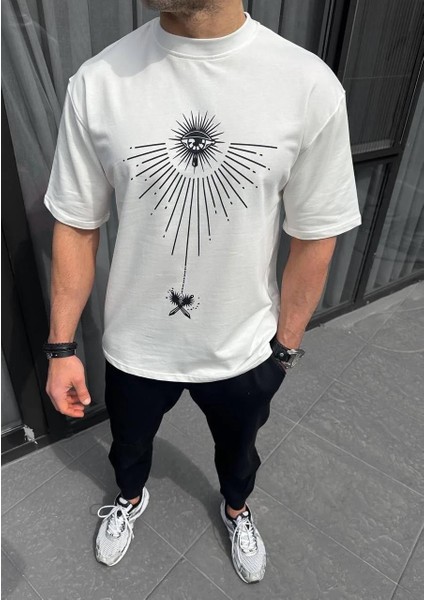 Unisex Bisiklet Yaka Baskılı Oversize T-Shirt - Beyaz