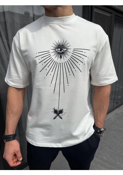 Unisex Bisiklet Yaka Baskılı Oversize T-Shirt - Beyaz fiyatları