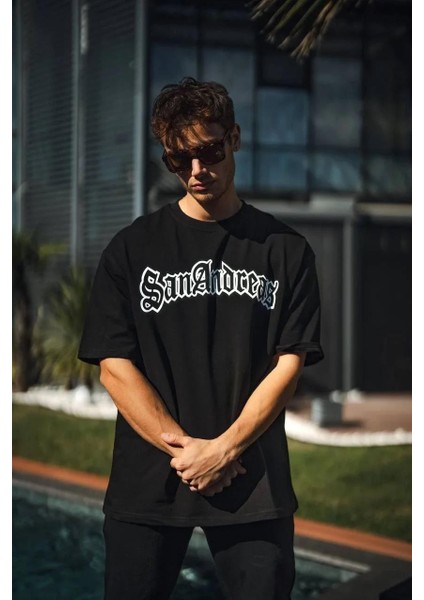 Unisex Bisiklet Yaka Baskılı Oversize T-Shirt - Siyah