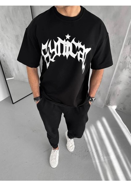 Unisex Bisiklet Yaka Baskılı Oversize T-Shirt - Siyah