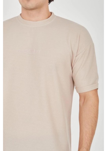 Unisex Waffle Kumaş Rahat Kol T-Shirt - Bej modelleri