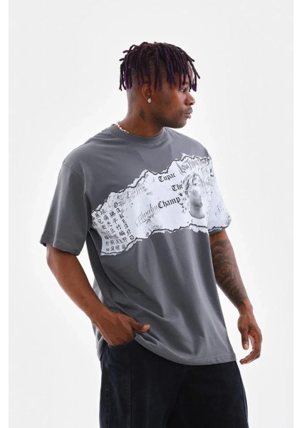 Unisex Bisiklet Yaka Baskılı Oversize T-Shirt - Gri fırsatları