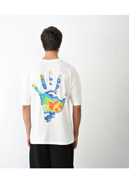 Unisex Bisiklet Yaka Baskılı Oversize T-Shirt - Beyaz indirimleri