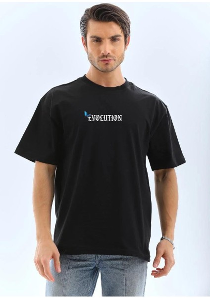 Unisex Bisiklet Yaka Baskılı Oversize T-Shirt - Siyah