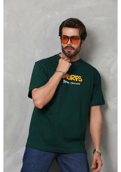 Unisex Basic Bisiklet Yaka Oversize T-Shirt - Yeşil