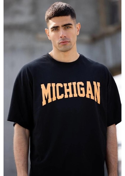 Unisex Bisiklet Yaka Baskılı Oversize T-Shirt - Siyah