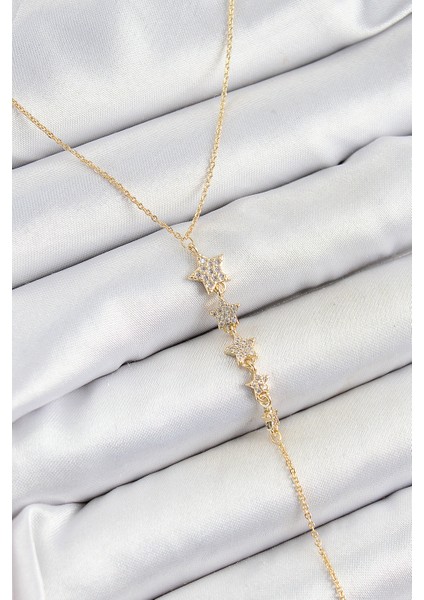 Pirinç Zirkon Taşlı Sıralı Yıldız Figürlü Y Model Gold Renk Kadın Kolye