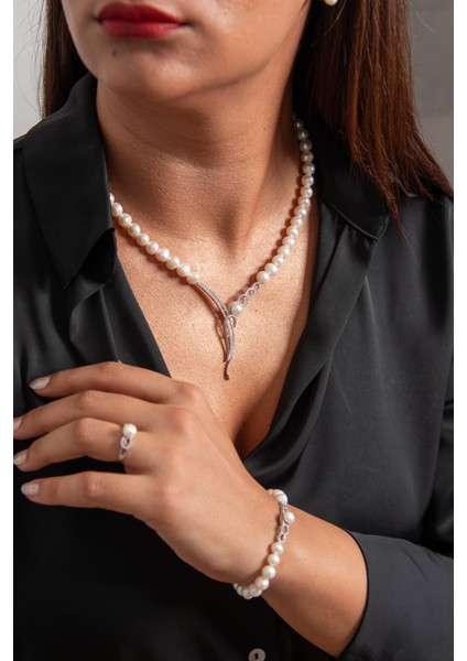 Zarif Inci Set 925 Ayar Gümüş Rodyum (Beyaz Altın) Kaplama Gerçek Inci Set