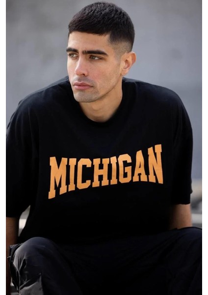 Unisex Bisiklet Yaka Baskılı Oversize T-Shirt - Siyah fiyatları