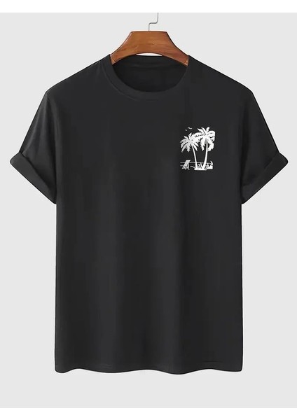 20/1 Penye Compack Palmiye Baskılı Oversize Bisiklet Yaka Kısa Kol T-Shirt - Siyah