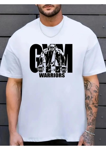 Sporda Günlük Hayata Giyilebilir Gym Baskılı Oversize Bisiklet Yaka Erkek T-Shirt - Beyaz