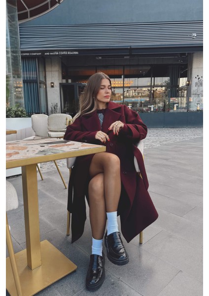 Bordo Kolları Kemerli Arkası Düğmeli Astarlı Oversize Yün Kaban fiyatları