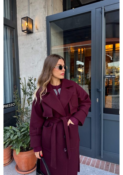 Bordo Kolları Kemerli Arkası Düğmeli Astarlı Oversize Yün Kaban fırsatları