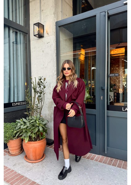 Bordo Kolları Kemerli Arkası Düğmeli Astarlı Oversize Yün Kaban indirimleri