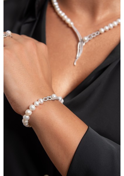 Zarif Inci Set 925 Ayar Gümüş Rodyum (Beyaz Altın) Kaplama Gerçek Inci Set