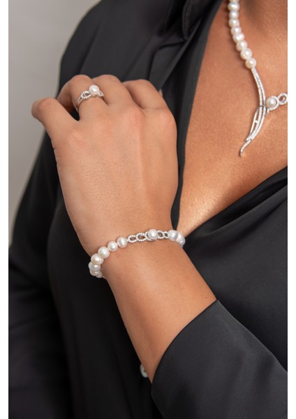 Zarif Inci Set 925 Ayar Gümüş Rodyum (Beyaz Altın) Kaplama Gerçek Inci Set