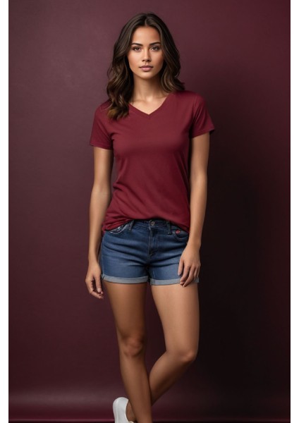 Basic Bordo V Yaka Tişört