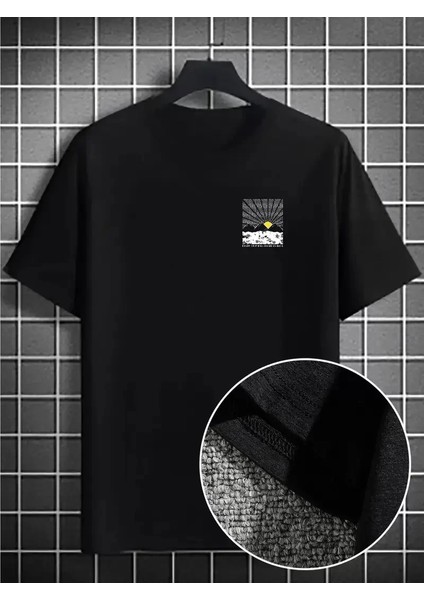 Erkek Dağ Grafikli Tişört, Yaz Için Büyük Beden Rahat T-Shirt - Siyah
