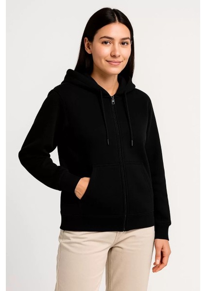 Kadın Üç Iplik Kapüşonlu Tam Fermuarlı Kanguru Çepli Sweatshirt Hoodie - Siyah