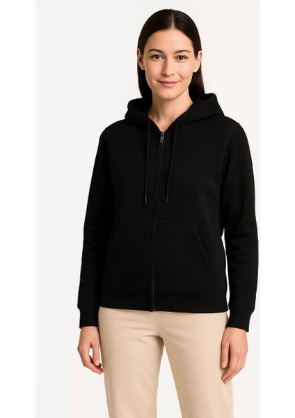 Kadın Üç Iplik Kapüşonlu Tam Fermuarlı Kanguru Çepli Sweatshirt Hoodie - Siyah indirimleri