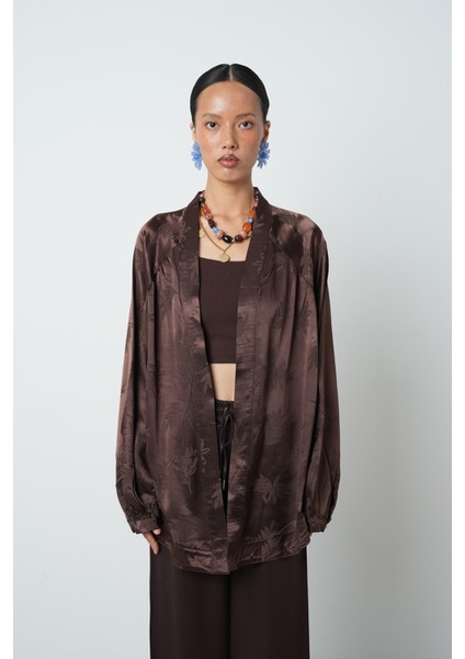 Kadın Kahverengi Yaprak Desenli Oversize Kesim Tesettür Kimono