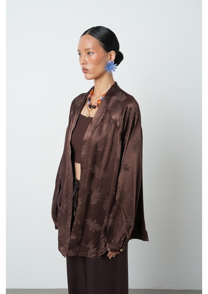 Kadın Kahverengi Yaprak Desenli Oversize Kesim Tesettür Kimono fiyatları