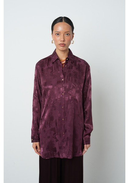 Kadın Bordo Renk Karışık Desenli Oversize Kesim Gömlek