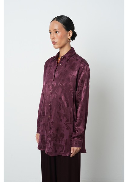 Kadın Bordo Renk Karışık Desenli Oversize Kesim Gömlek fiyatları