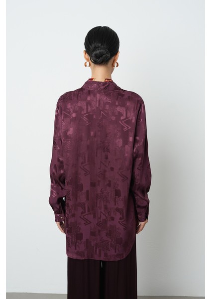 Kadın Bordo Renk Karışık Desenli Oversize Kesim Gömlek indirimleri