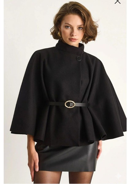 Kadın Kemerli Kaşe Panço- Siyah