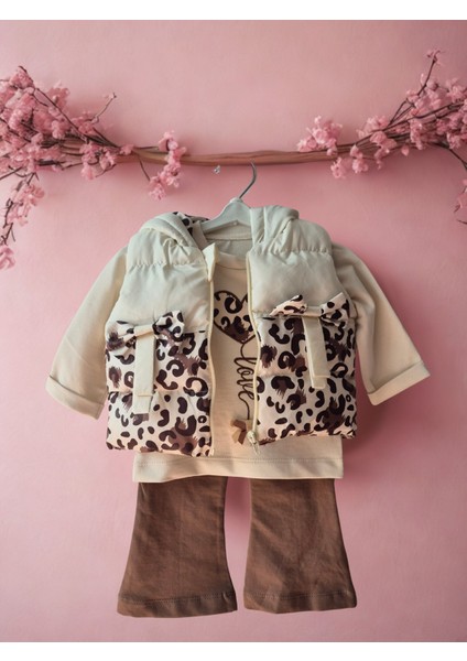 Kız Bebek 3’lü Takım – Kapüşonlu Leopar Desenli Yelek, Sweatshirt ve Pantolon