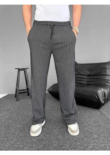 Su Yolu Çizgili Cepli Pantalon - Siyah