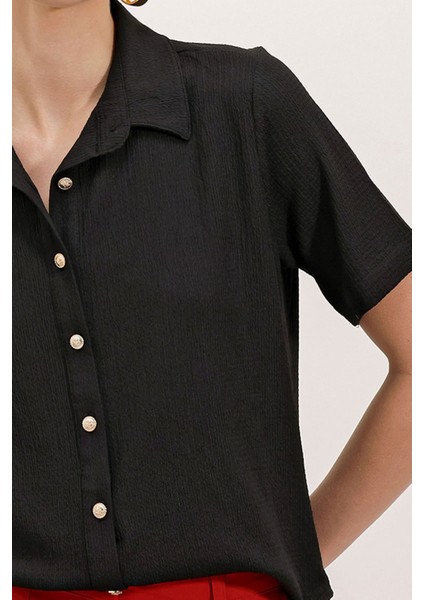 Kadın Bdart Dokulu Slim Fit Kısa Kollu Düğmeli Gömlek Siyah modelleri