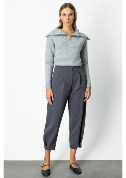 Kadın Paçası Düğmeli Fleto Cepli Pantolon 64137 Antrasit