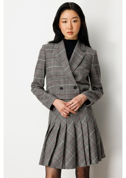 Kadın Ekoseli Crop Ceket 5075 Siyah